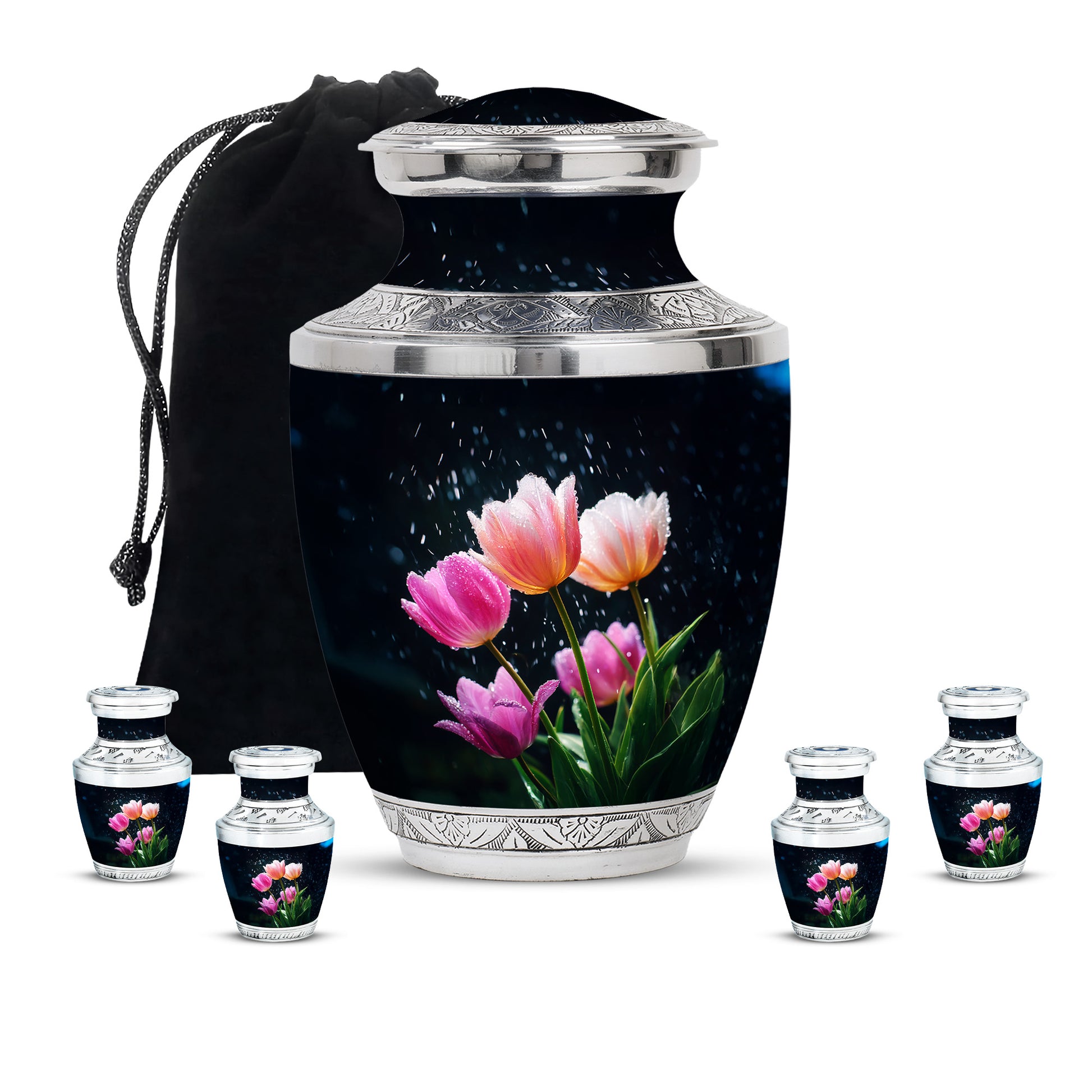 Dusty Blue Garden Tulip Cremation Urn lifestyle display on memorial shelf - contemporary garden tulip design with modern artistic flair - memorial set with one large and four small urns