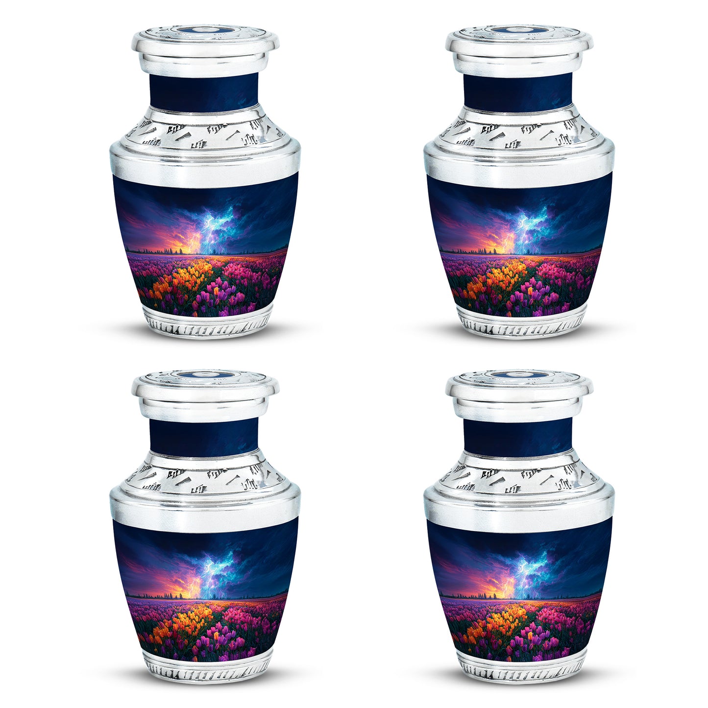 Cobalt Blue Garden Tulip Cremation Urn back view with polished surface - stylized abstract garden tulip pattern with bold lines - 10 inch aluminum urn for cremated remains