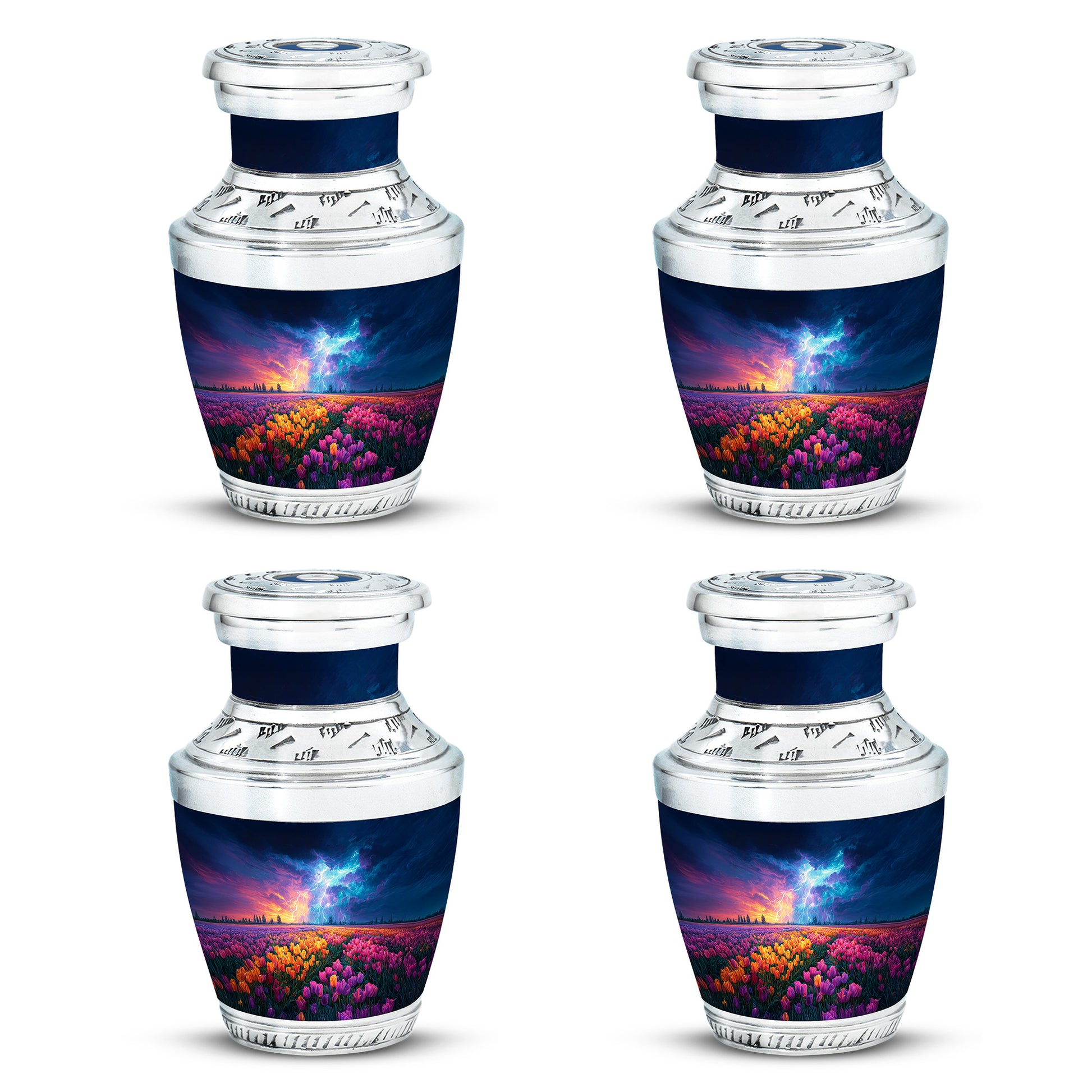 Cobalt Blue Garden Tulip Cremation Urn back view with polished surface - stylized abstract garden tulip pattern with bold lines - 10 inch aluminum urn for cremated remains