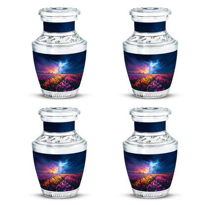 Cobalt Blue Garden Tulip Cremation Urn back view with polished surface - stylized abstract garden tulip pattern with bold lines - 10 inch aluminum urn for cremated remains