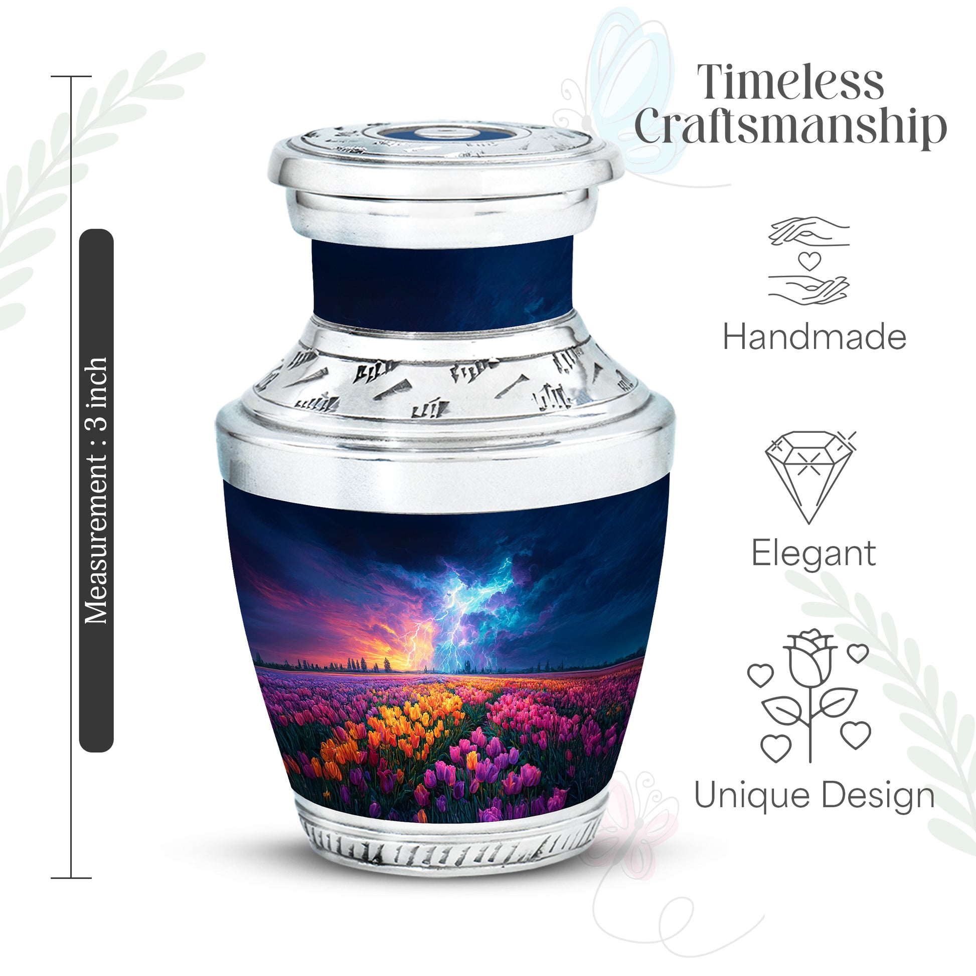 Celestial Blue Garden Tulip Cremation Urn top-down view of secure threaded lid - modern art-inspired garden tulip motif on sleek aluminum - mini keepsake memorial for portion of cremation ashes