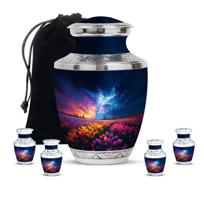 Sky Blue Garden Tulip Cremation Urn lifestyle display on memorial shelf - contemporary garden tulip design with modern artistic flair - memorial set with one large and four small urns