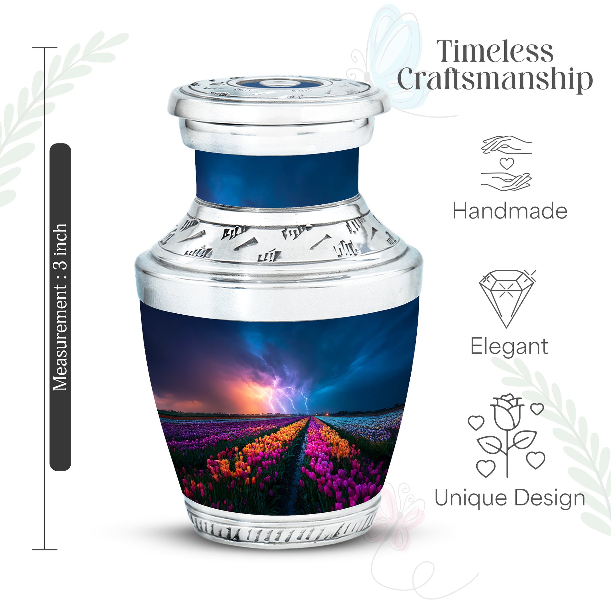 Powder Blue Garden Tulip Cremation Urn top-down view of secure threaded lid - modern art-inspired garden tulip motif on sleek aluminum - mini keepsake memorial for portion of cremation ashes