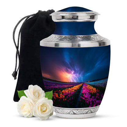 Misty Blue Garden Tulip Cremation Urn side profile showing urn shape - contemporary garden tulip design with modern artistic flair - full-size 10 inch 200 cubic inch adult cremation urn