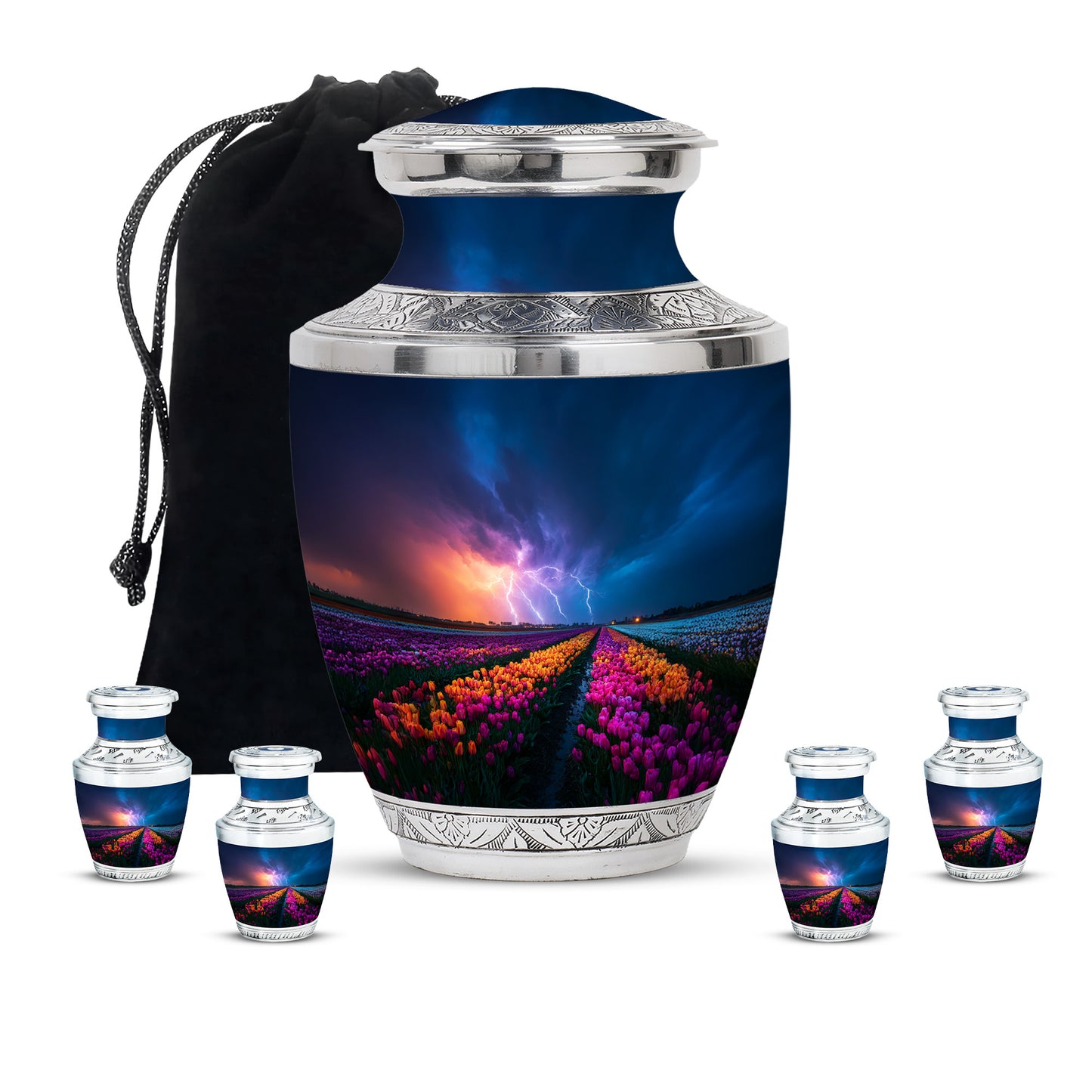 Celestial Blue Garden Tulip Cremation Urn lifestyle display on memorial shelf - contemporary garden tulip design with modern artistic flair - memorial set with one large and four small urns