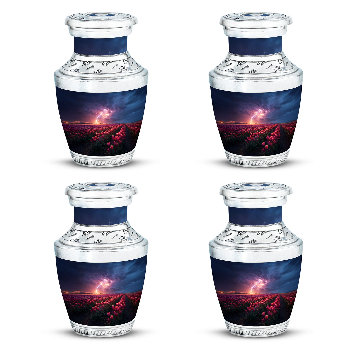 Icy Blue Garden Tulip Cremation Urn back view with polished surface - contemporary garden tulip design with modern artistic flair - 10 inch aluminum urn for cremated remains