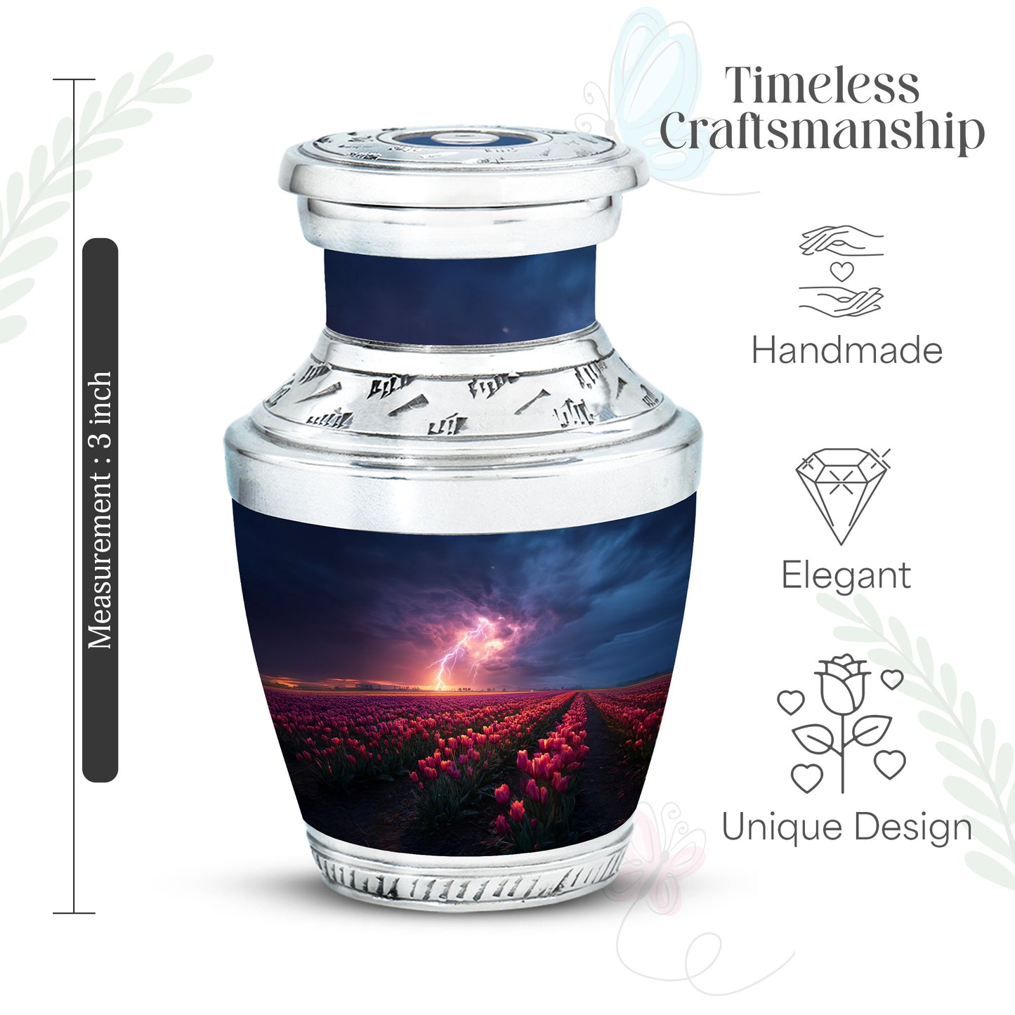 Royal Blue Garden Tulip Cremation Urn top-down view of secure threaded lid - stylized abstract garden tulip pattern with bold lines - mini keepsake memorial for portion of cremation ashes