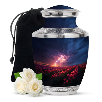Royal Blue Garden Tulip Cremation Urn side profile showing urn shape - stylized abstract garden tulip pattern with bold lines - full-size 10 inch 200 cubic inch adult cremation urn