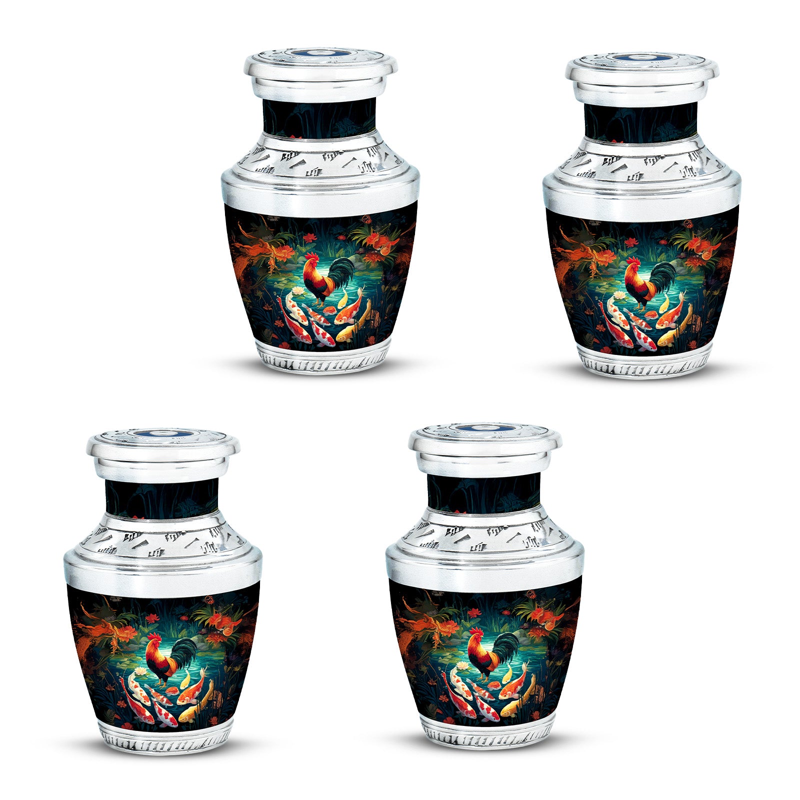 Dark Black Hen Cremation Urn back view with polished surface - stylized abstract hen pattern with bold lines - 10 inch aluminum urn for cremated remains