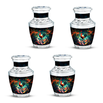 Dark Black Hen Cremation Urn back view with polished surface - stylized abstract hen pattern with bold lines - 10 inch aluminum urn for cremated remains