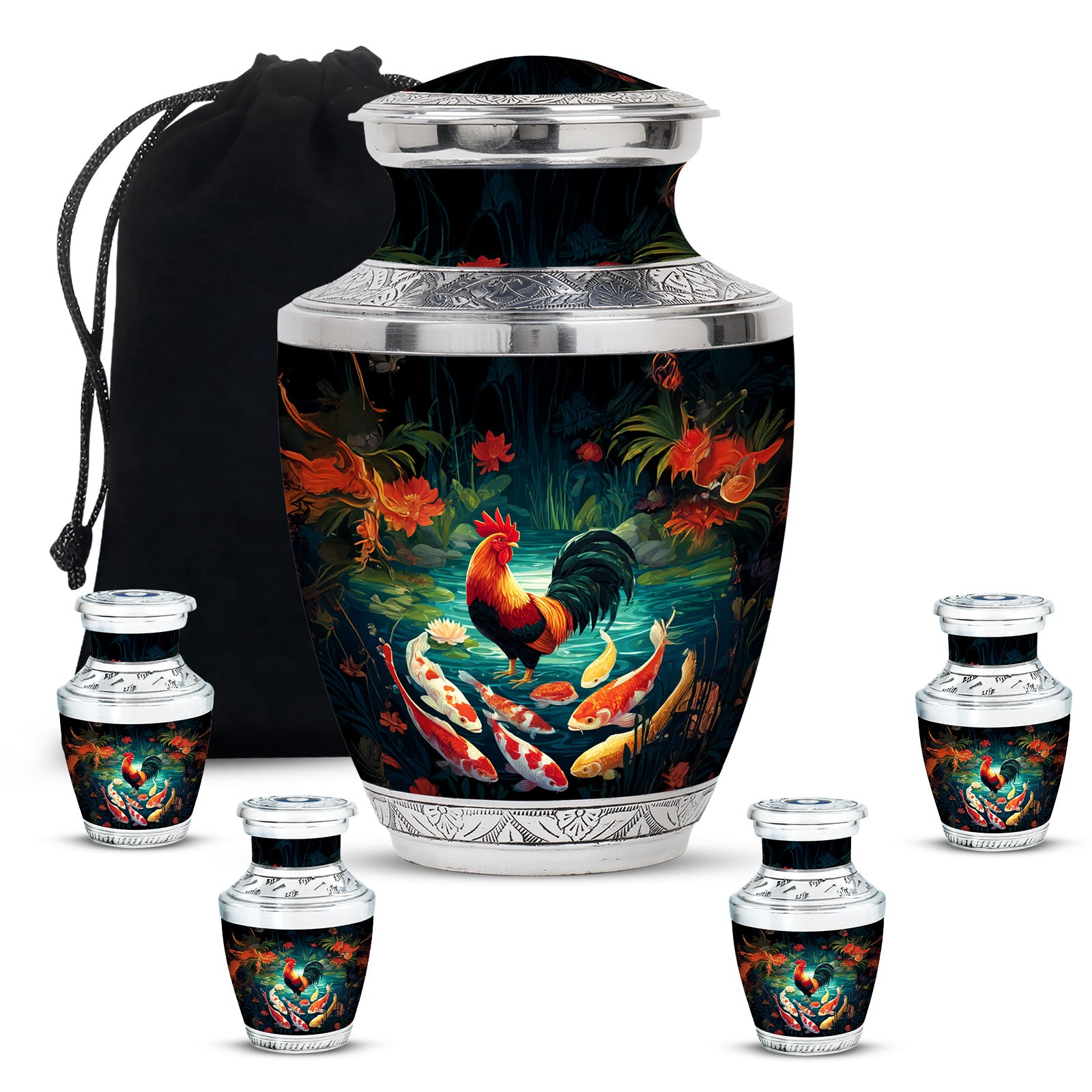 Charcoal Black Hen Cremation Urn lifestyle display on memorial shelf - artistic hen interpretation with creative detail - memorial set with one large and four small urns