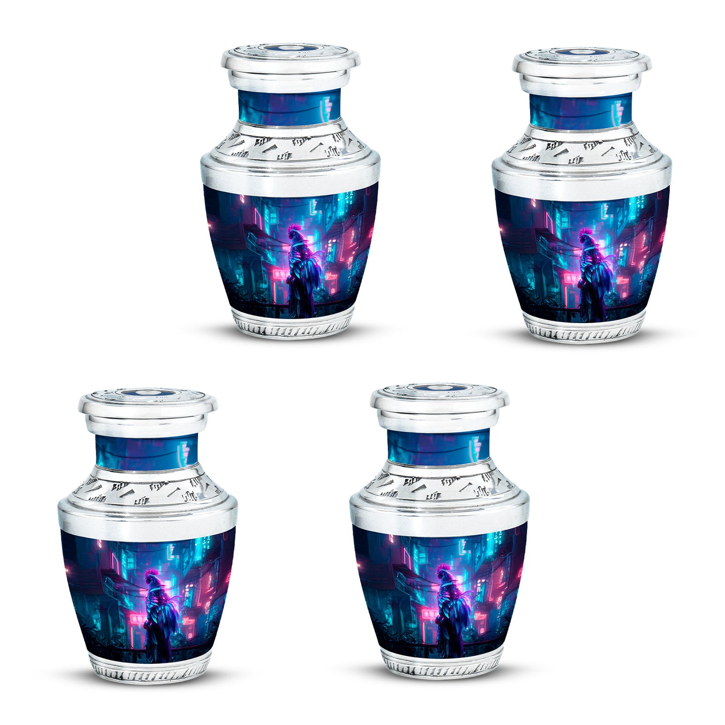 Twilight Blue Hen Cremation Urn back view with polished surface - stylized abstract hen pattern with bold lines - 10 inch aluminum urn for cremated remains