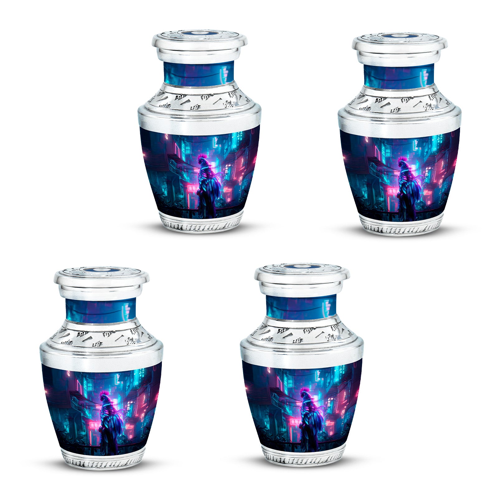 Twilight Blue Hen Cremation Urn back view with polished surface - stylized abstract hen pattern with bold lines - 10 inch aluminum urn for cremated remains
