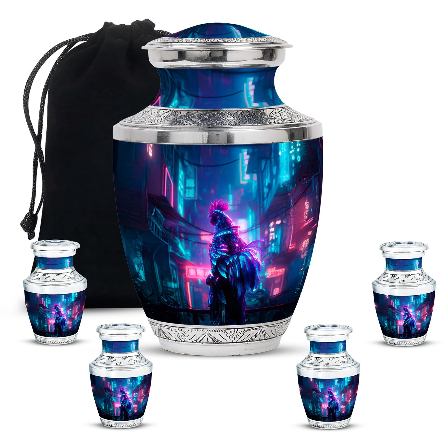 Celestial Blue Hen Cremation Urn lifestyle display on memorial shelf - contemporary hen design with modern artistic flair - memorial set with one large and four small urns