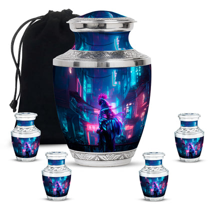 Celestial Blue Hen Cremation Urn lifestyle display on memorial shelf - contemporary hen design with modern artistic flair - memorial set with one large and four small urns