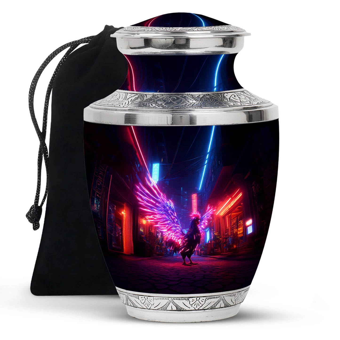 Indigo Hen Cremation Urn side profile showing urn shape - modern art-inspired hen motif on sleek aluminum - full-size 10 inch 200 cubic inch adult cremation urn