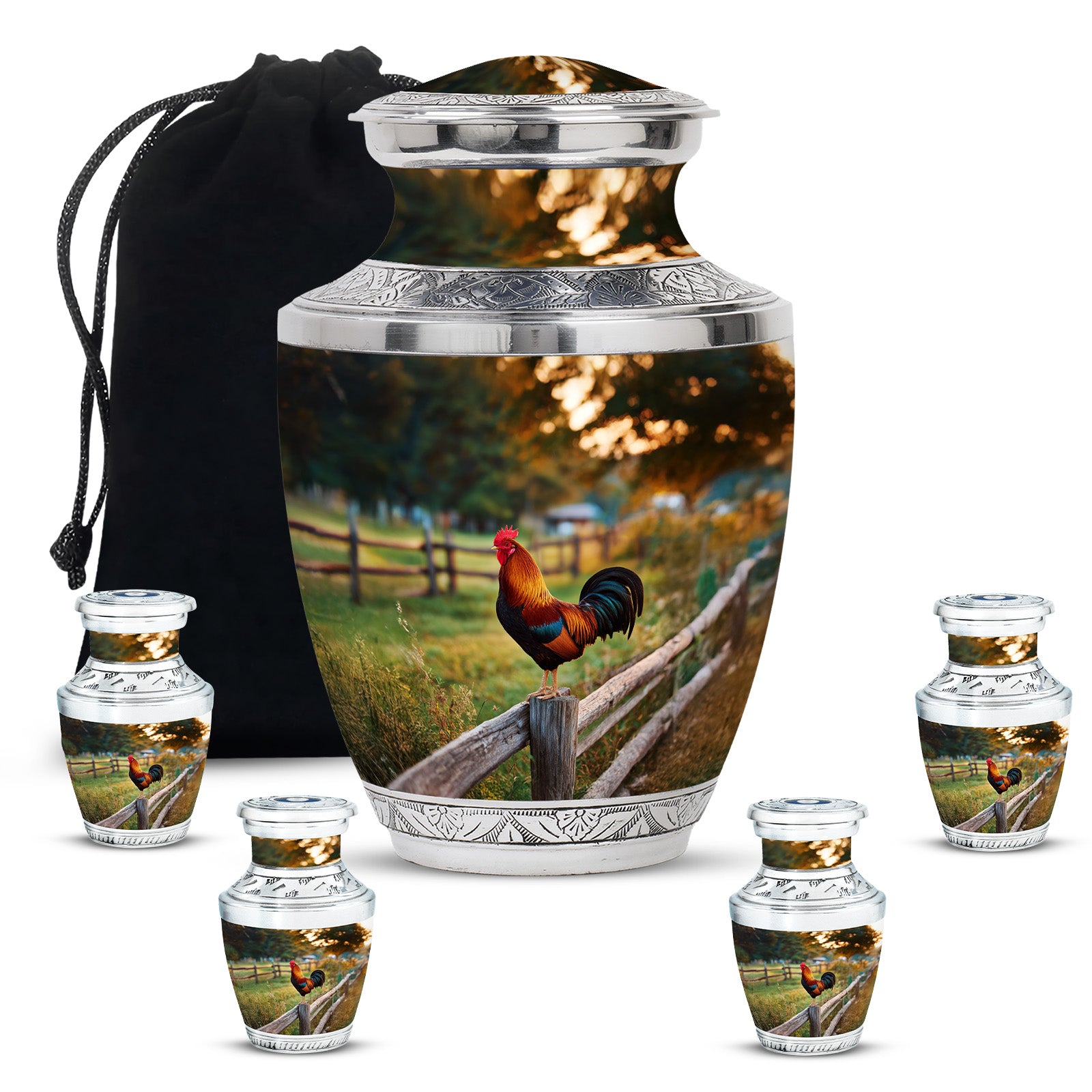 Matte Gold Hen Cremation Urn lifestyle display on memorial shelf - stylized abstract hen pattern with bold lines - memorial set with one large and four small urns