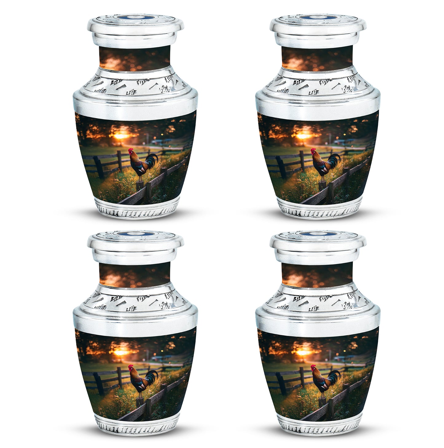Obsidian Black Hen Cremation Urn back view with polished surface - stylized abstract hen pattern with bold lines - 10 inch aluminum urn for cremated remains