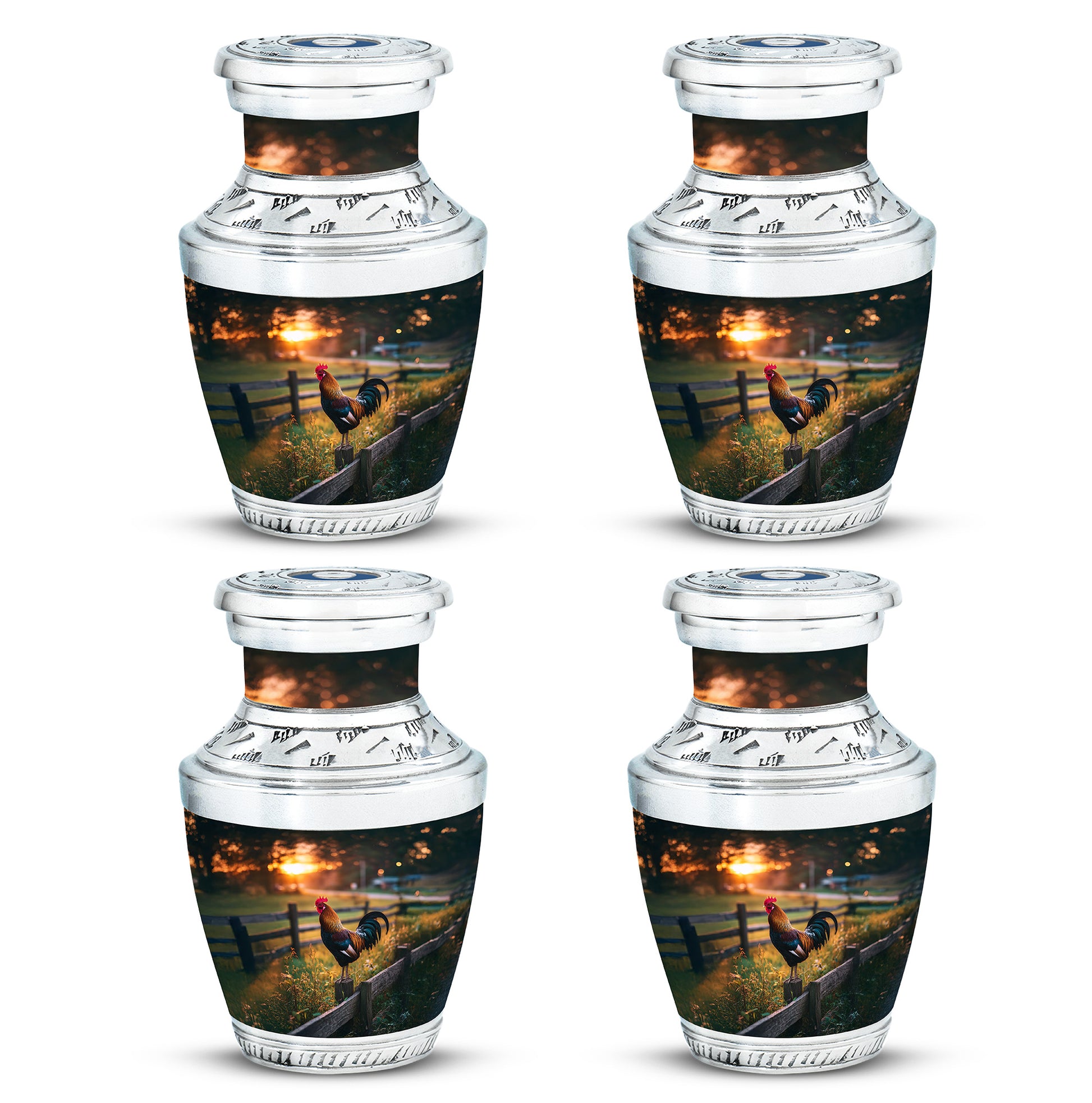 Obsidian Black Hen Cremation Urn back view with polished surface - stylized abstract hen pattern with bold lines - 10 inch aluminum urn for cremated remains