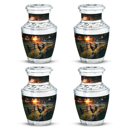 Obsidian Black Hen Cremation Urn back view with polished surface - stylized abstract hen pattern with bold lines - 10 inch aluminum urn for cremated remains