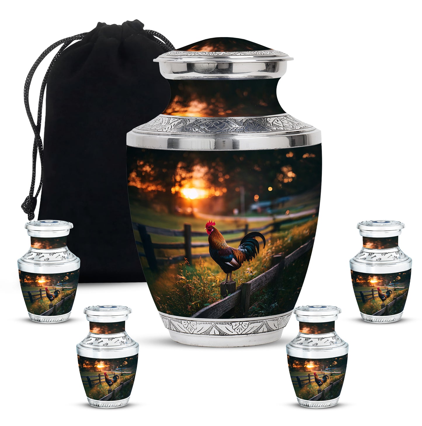 Glossy Black Hen Cremation Urn lifestyle display on memorial shelf - contemporary hen design with modern artistic flair - memorial set with one large and four small urns