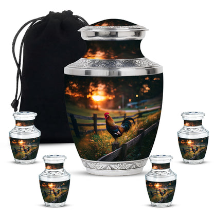 Glossy Black Hen Cremation Urn lifestyle display on memorial shelf - contemporary hen design with modern artistic flair - memorial set with one large and four small urns