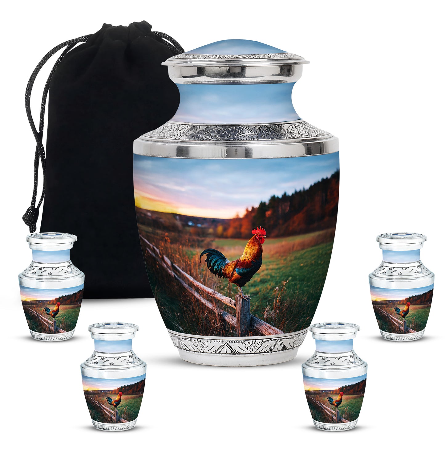 Vivid Blue Hen Cremation Urn lifestyle display on memorial shelf - artistic hen interpretation with creative detail - memorial set with one large and four small urns