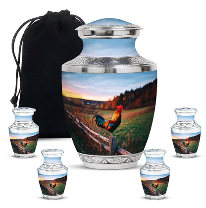 Vivid Blue Hen Cremation Urn lifestyle display on memorial shelf - artistic hen interpretation with creative detail - memorial set with one large and four small urns
