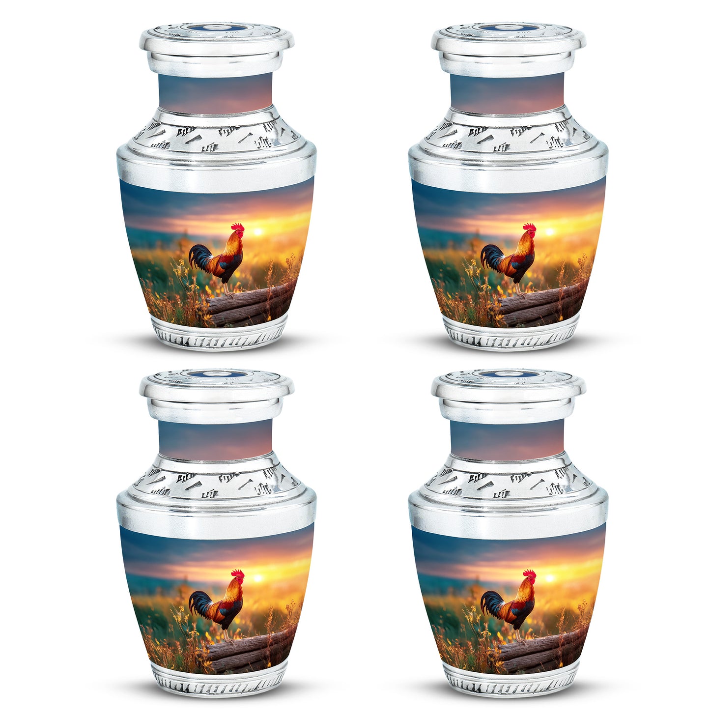 Sapphire Blue Hen Cremation Urn back view with polished surface - stylized abstract hen pattern with bold lines - 10 inch aluminum urn for cremated remains