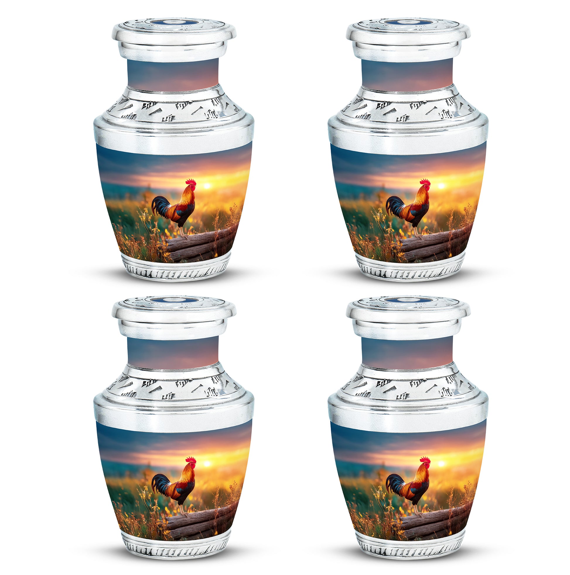 Sapphire Blue Hen Cremation Urn back view with polished surface - stylized abstract hen pattern with bold lines - 10 inch aluminum urn for cremated remains