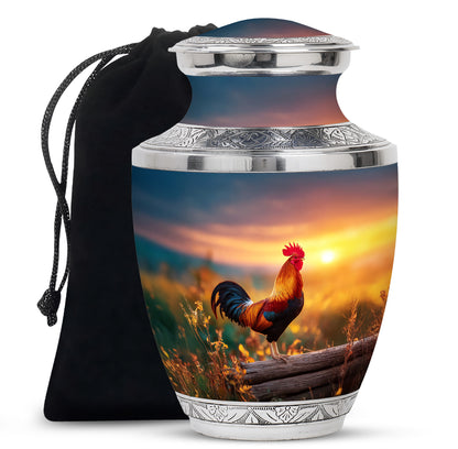 Steel Blue Hen Cremation Urn side profile showing urn shape - stylized abstract hen pattern with bold lines - full-size 10 inch 200 cubic inch adult cremation urn