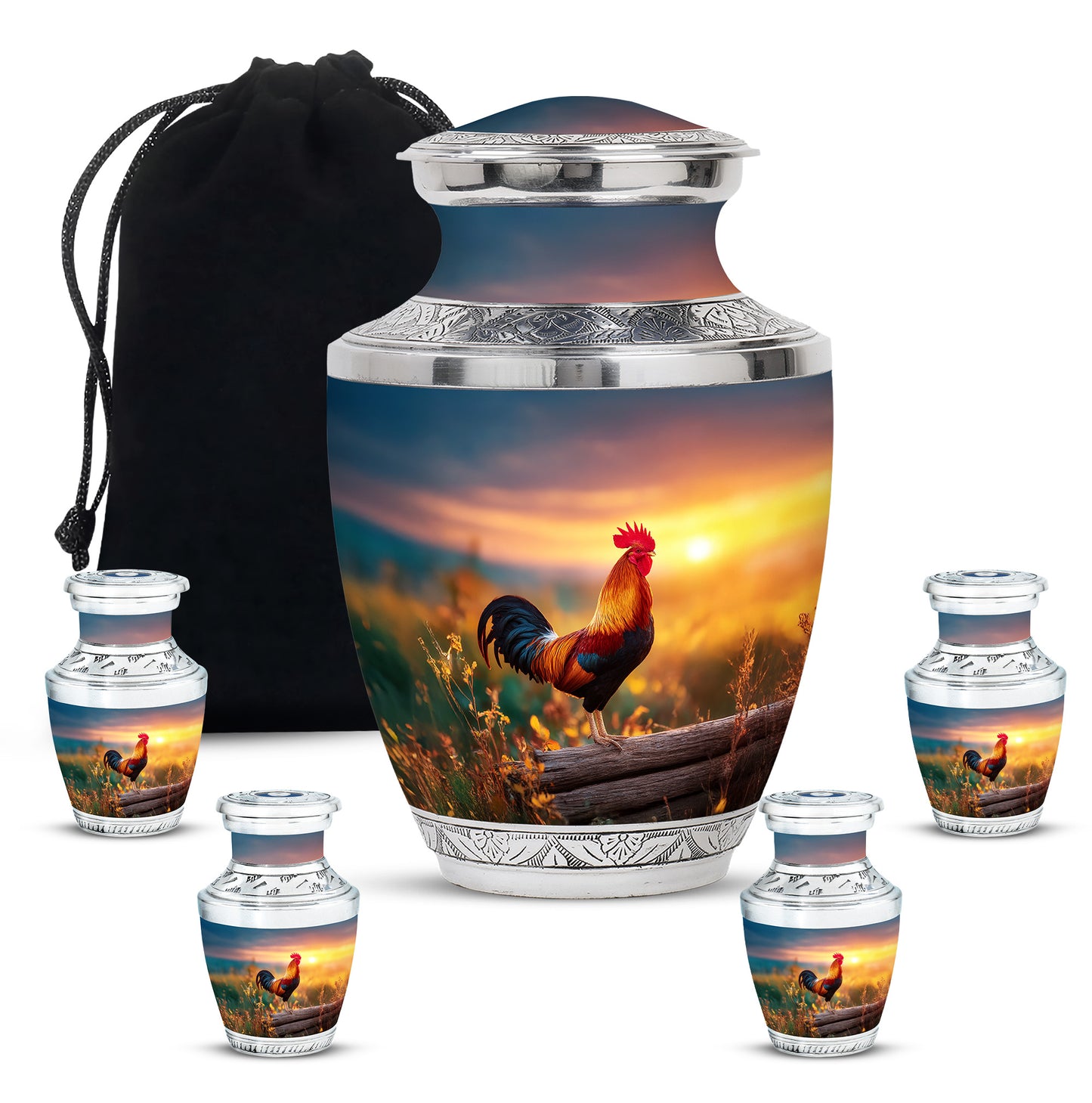 Celestial Blue Hen Cremation Urn lifestyle display on memorial shelf - modern art-inspired hen motif on sleek aluminum - memorial set with one large and four small urns