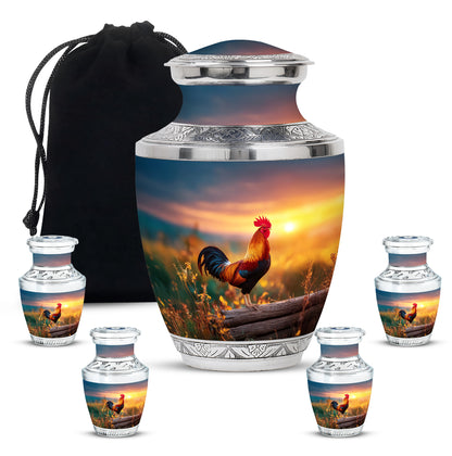 Celestial Blue Hen Cremation Urn lifestyle display on memorial shelf - modern art-inspired hen motif on sleek aluminum - memorial set with one large and four small urns