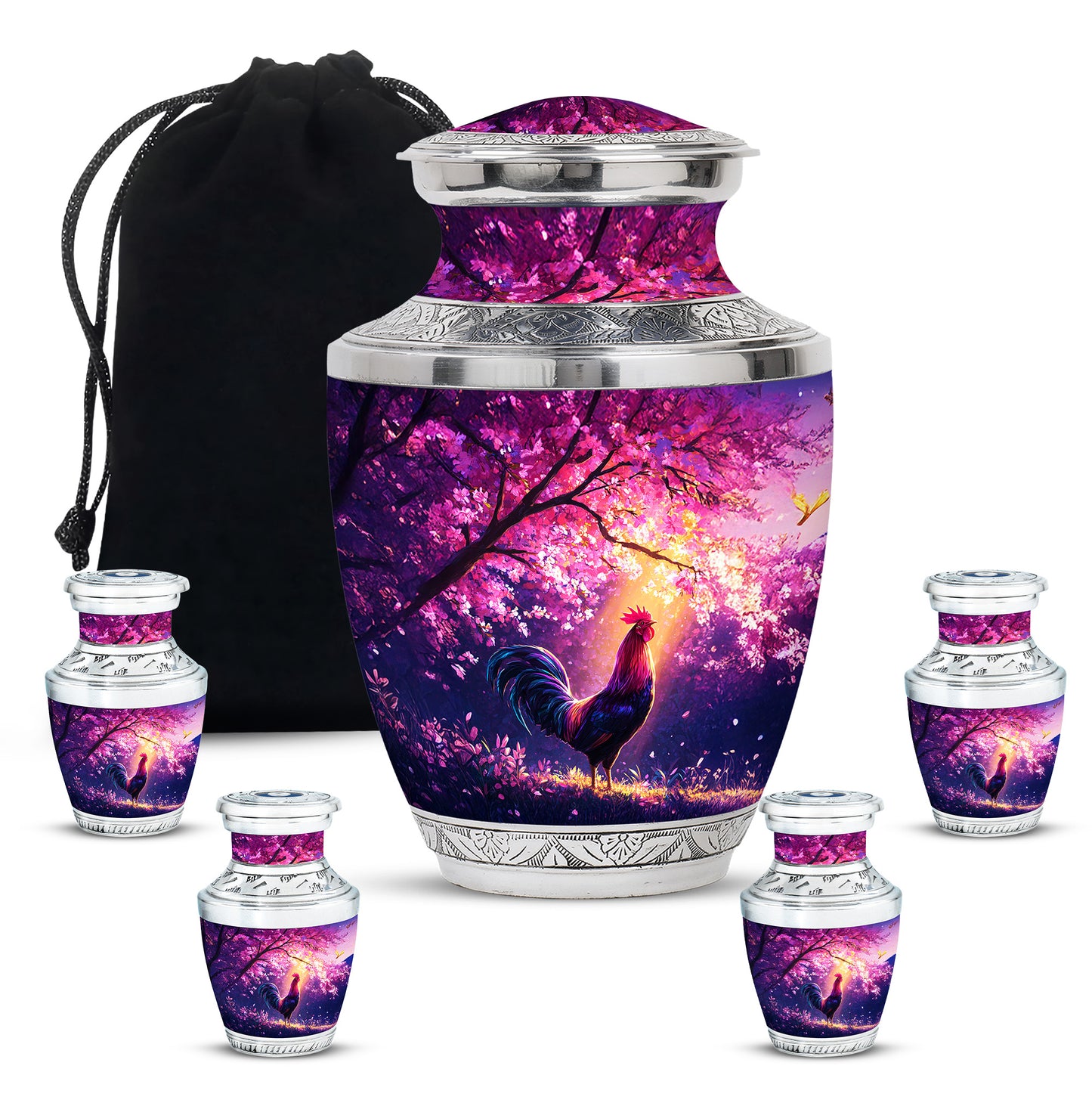 Peony Pink Hen Cremation Urn lifestyle display on memorial shelf - contemporary hen design with modern artistic flair - memorial set with one large and four small urns
