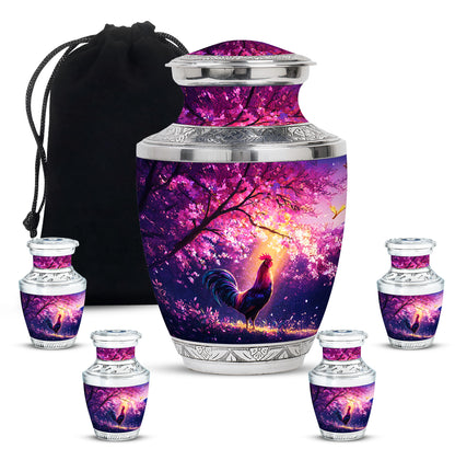 Peony Pink Hen Cremation Urn lifestyle display on memorial shelf - contemporary hen design with modern artistic flair - memorial set with one large and four small urns