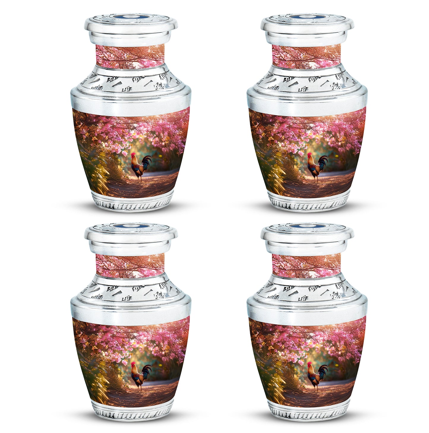 Garnet Red Hen Cremation Urn back view with polished surface - modern art-inspired hen motif on sleek aluminum - 10 inch aluminum urn for cremated remains