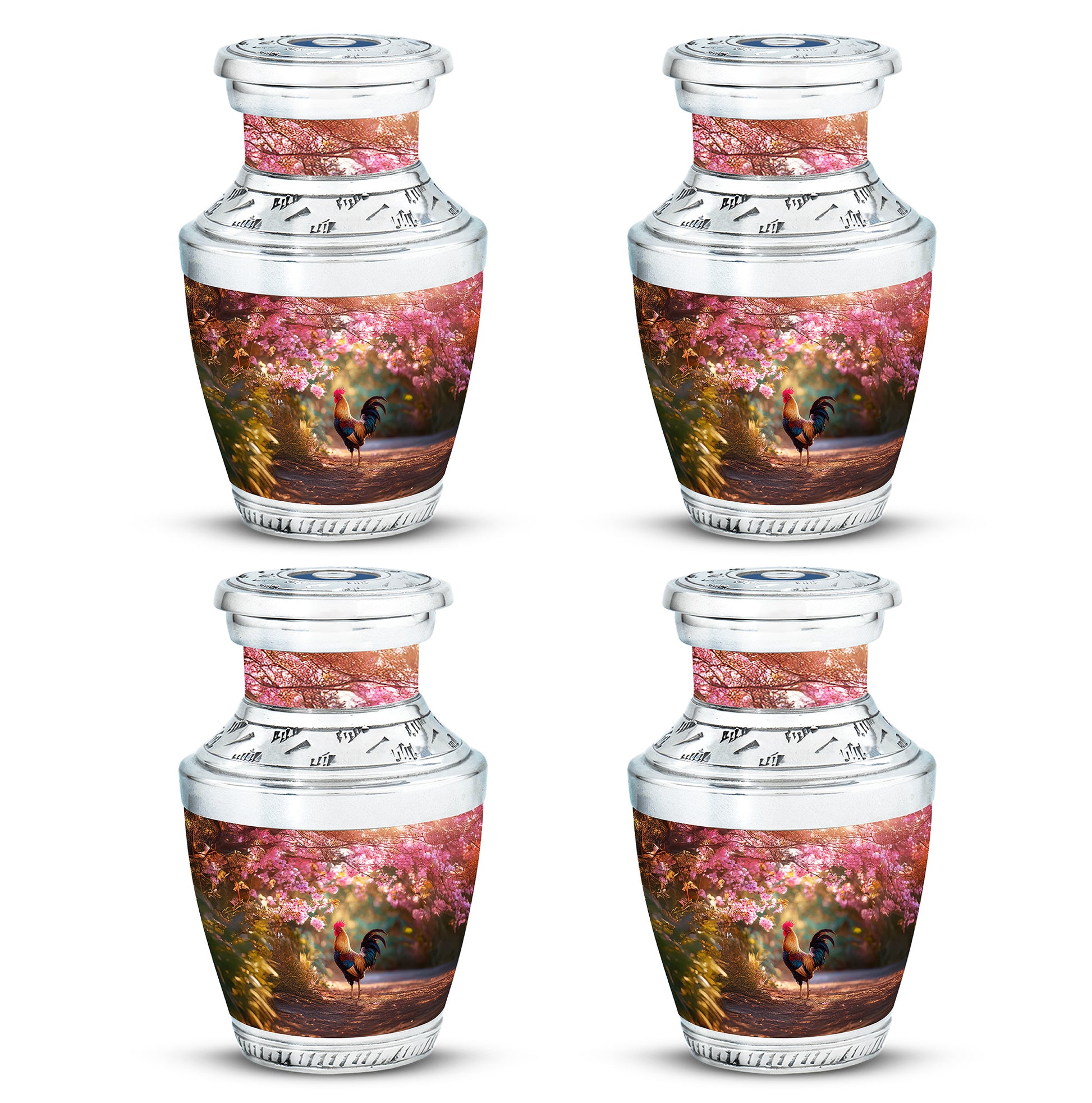 Garnet Red Hen Cremation Urn back view with polished surface - modern art-inspired hen motif on sleek aluminum - 10 inch aluminum urn for cremated remains