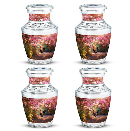 Garnet Red Hen Cremation Urn back view with polished surface - modern art-inspired hen motif on sleek aluminum - 10 inch aluminum urn for cremated remains