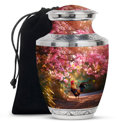 Crimson Red Hen Cremation Urn side profile showing urn shape - modern art-inspired hen motif on sleek aluminum - full-size 10 inch 200 cubic inch adult cremation urn