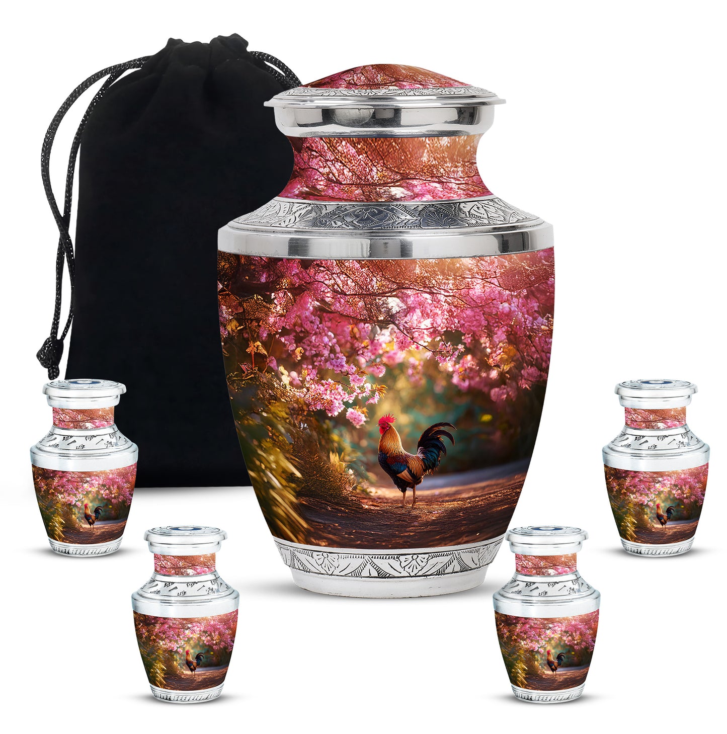 Rich Red Hen Cremation Urn lifestyle display on memorial shelf - artistic hen interpretation with creative detail - memorial set with one large and four small urns