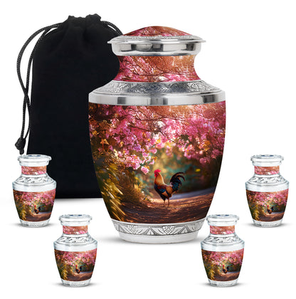 Rich Red Hen Cremation Urn lifestyle display on memorial shelf - artistic hen interpretation with creative detail - memorial set with one large and four small urns