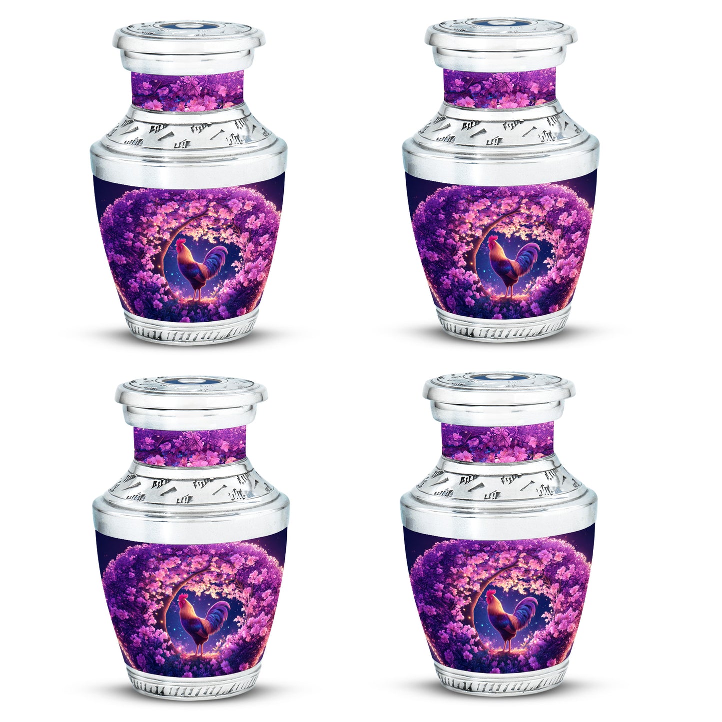 Petal Pink Hen Cremation Urn back view with polished surface - stylized abstract hen pattern with bold lines - 10 inch aluminum urn for cremated remains