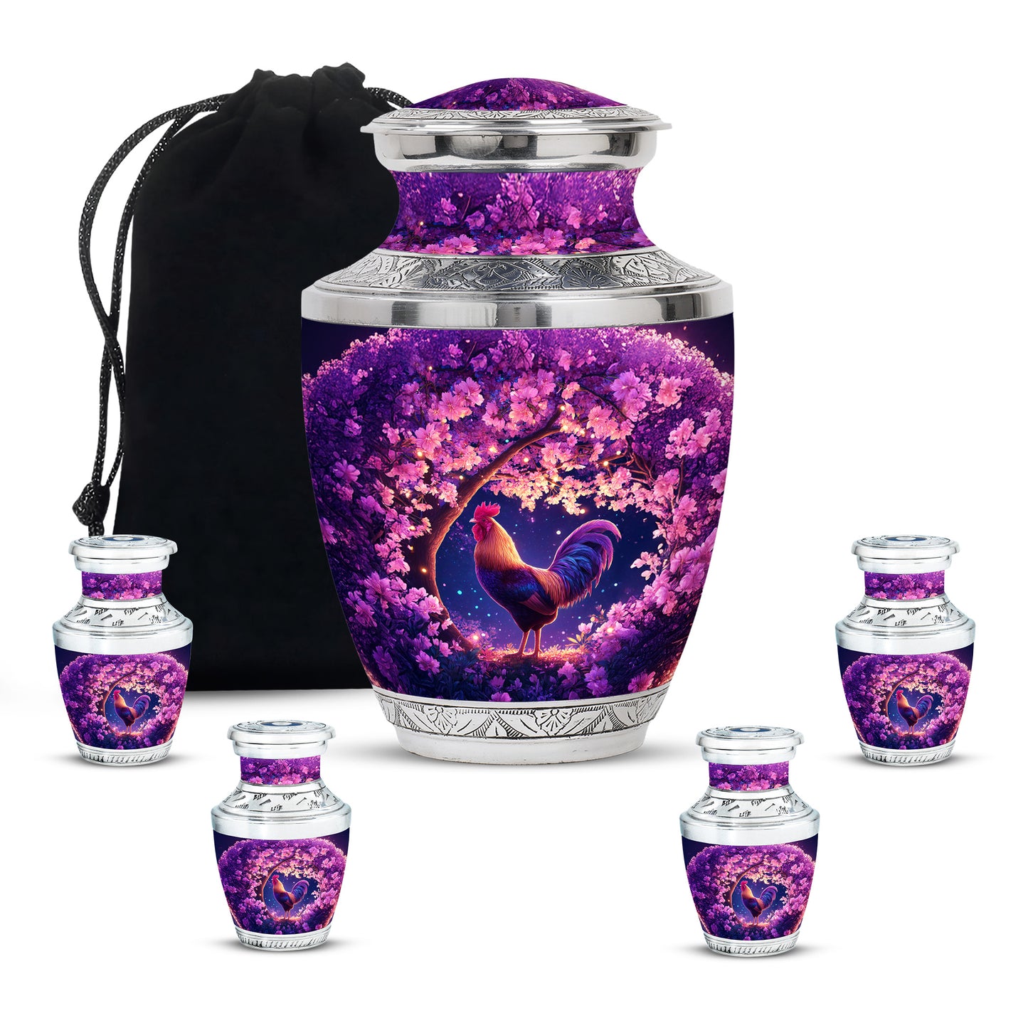 Peony Pink Hen Cremation Urn lifestyle display on memorial shelf - modern art-inspired hen motif on sleek aluminum - memorial set with one large and four small urns