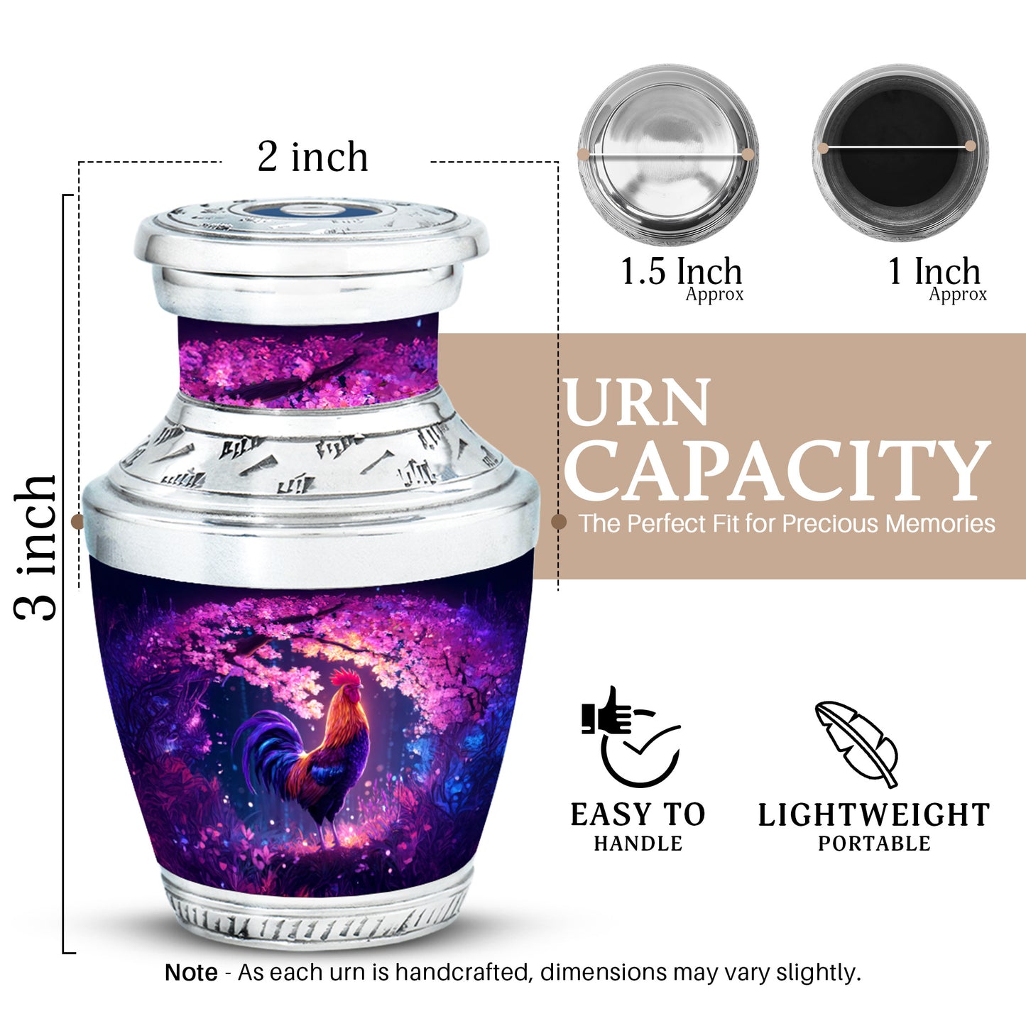 Orchid Purple Hen Cremation Urn top-down view of secure threaded lid - modern art-inspired hen motif on sleek aluminum - mini keepsake memorial for portion of cremation ashes