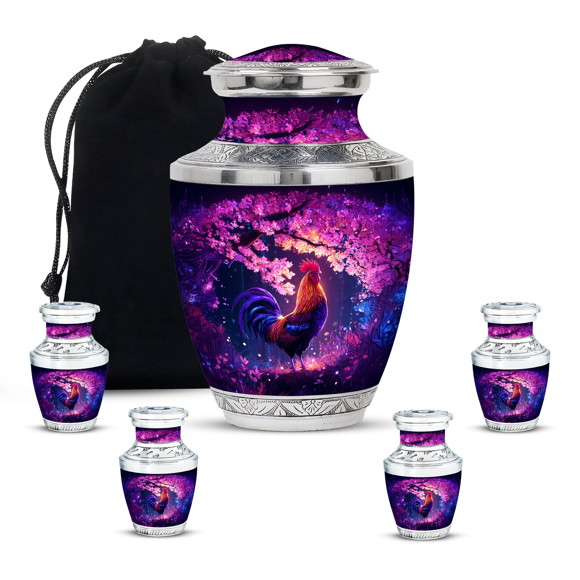 Amethyst Purple Hen Cremation Urn lifestyle display on memorial shelf - modern art-inspired hen motif on sleek aluminum - memorial set with one large and four small urns