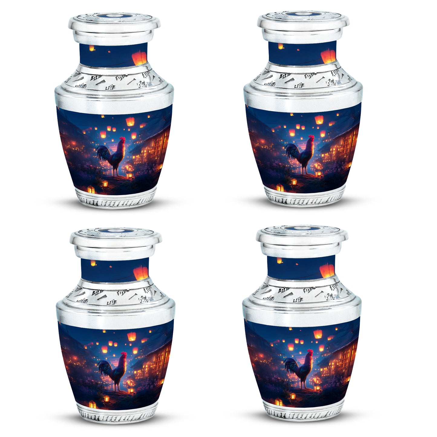 Cobalt Blue Hen Cremation Urn back view with polished surface - stylized abstract hen pattern with bold lines - 10 inch aluminum urn for cremated remains