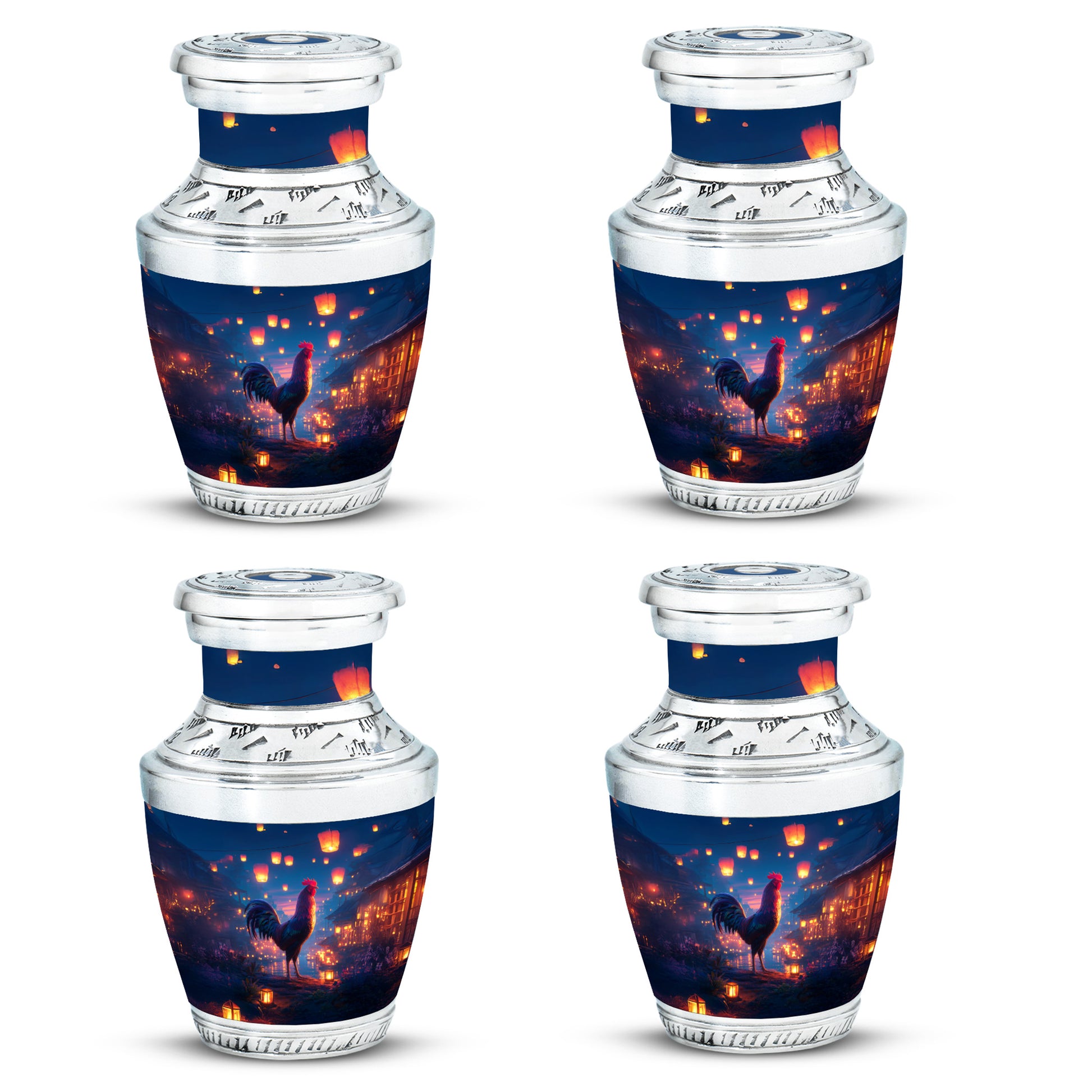 Cobalt Blue Hen Cremation Urn back view with polished surface - stylized abstract hen pattern with bold lines - 10 inch aluminum urn for cremated remains