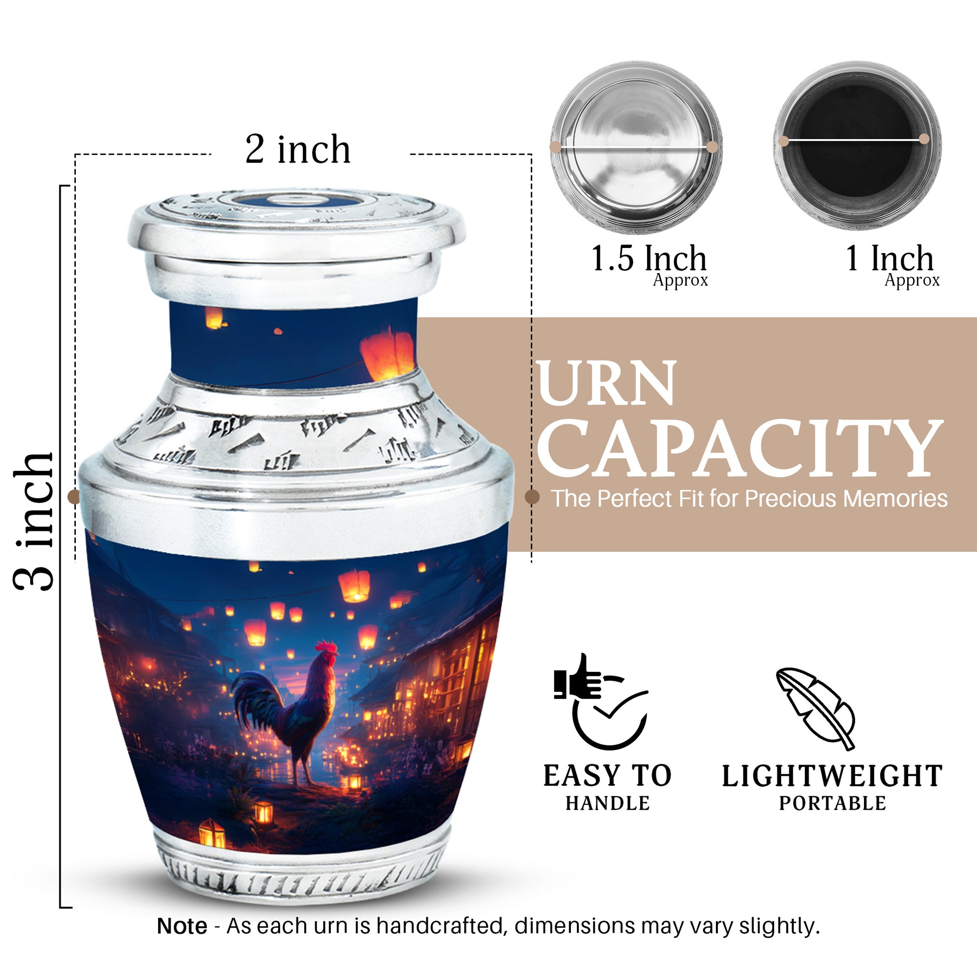 Indigo Hen Cremation Urn top-down view of secure threaded lid - modern art-inspired hen motif on sleek aluminum - mini keepsake memorial for portion of cremation ashes
