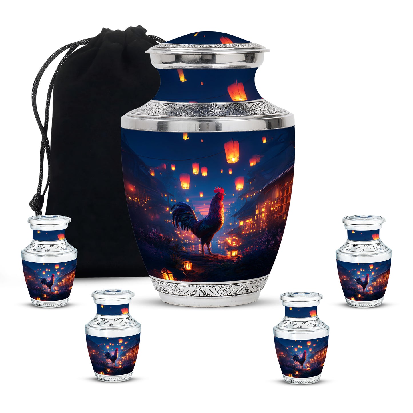 Serene Blue Hen Cremation Urn lifestyle display on memorial shelf - artistic hen interpretation with creative detail - memorial set with one large and four small urns