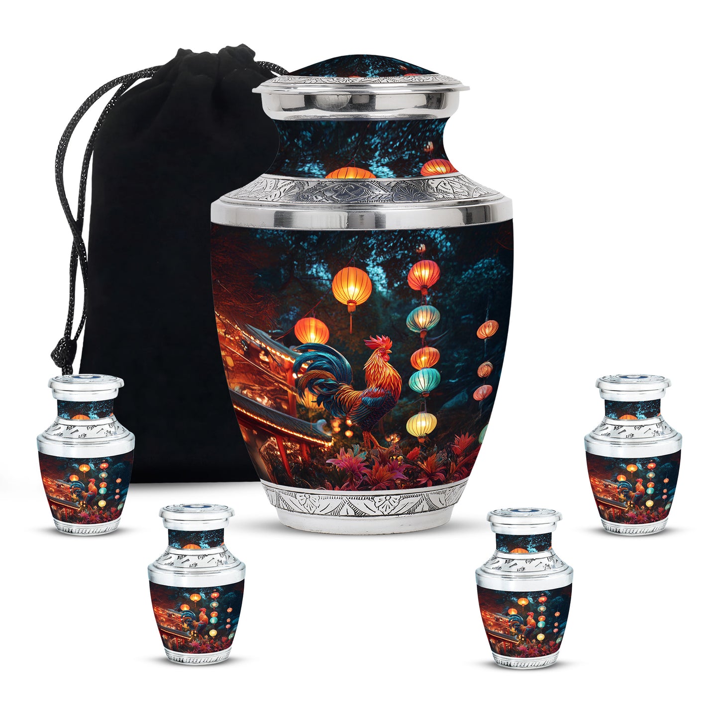 Icy Blue Hen Cremation Urn lifestyle display on memorial shelf - contemporary hen design with modern artistic flair - memorial set with one large and four small urns